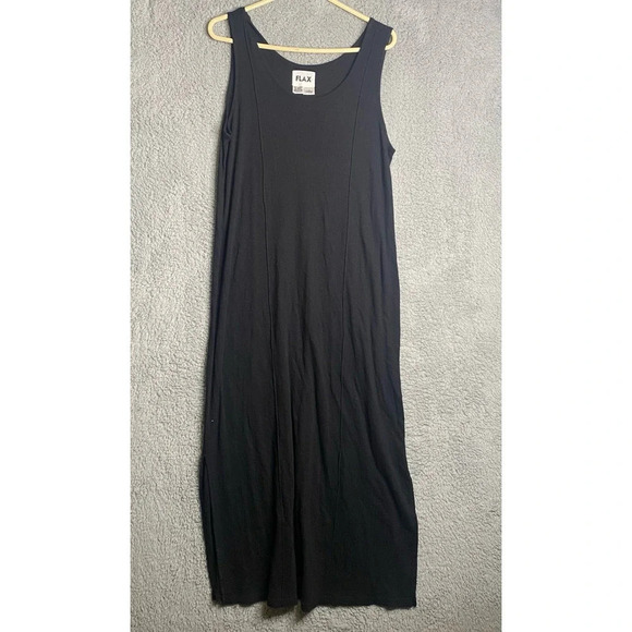 FLAX black cotton knit maxi dress minimalist lagenlook stretch boho sleeveless M - Picture 2 of 9